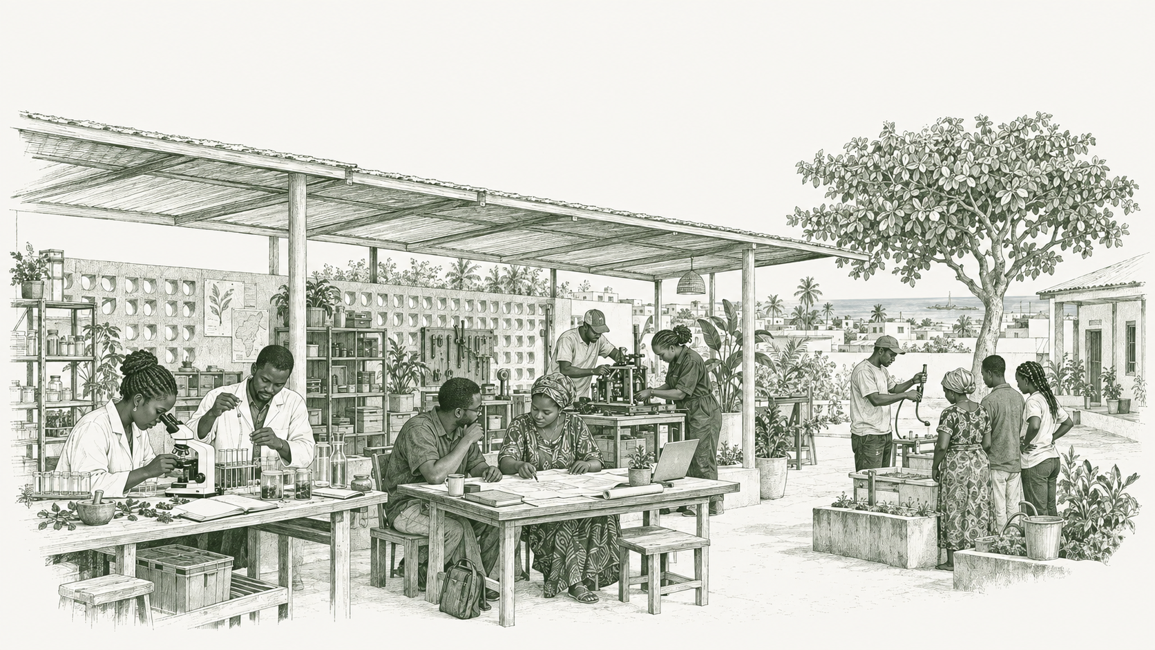 Illustration d’un atelier partagé : des personnes font de la recherche, dessinent et fabriquent ensemble dans une cour ouverte.